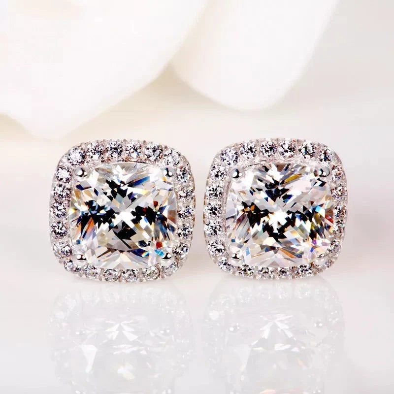 Retro geometric diamond earrings in yellow, white, and pink with zircon mosaic
