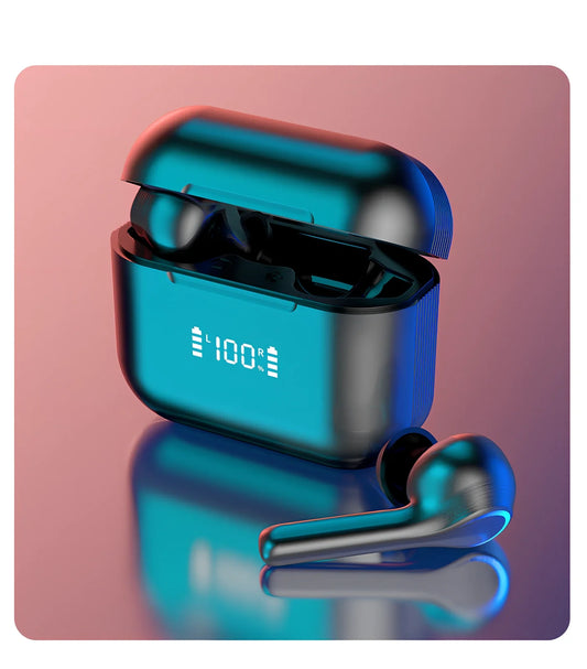 A6 black wireless sports earphones with digital display and charging case