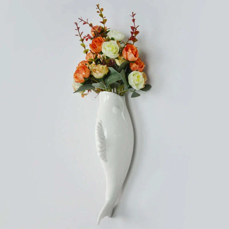 Modern white ceramic goldfish vase wall decoration with three-dimensional design