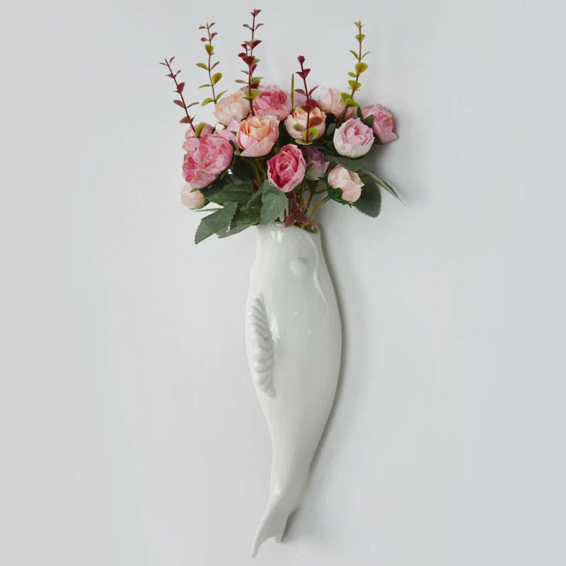 Modern white ceramic goldfish vase wall decoration with three-dimensional design