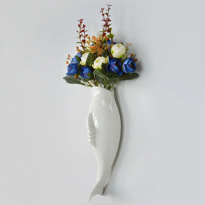 Modern white ceramic goldfish vase wall decoration with three-dimensional design