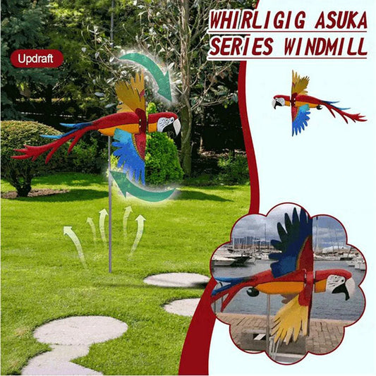 Parrot-themed garden windmill decoration with vibrant colours, spinning in the breeze