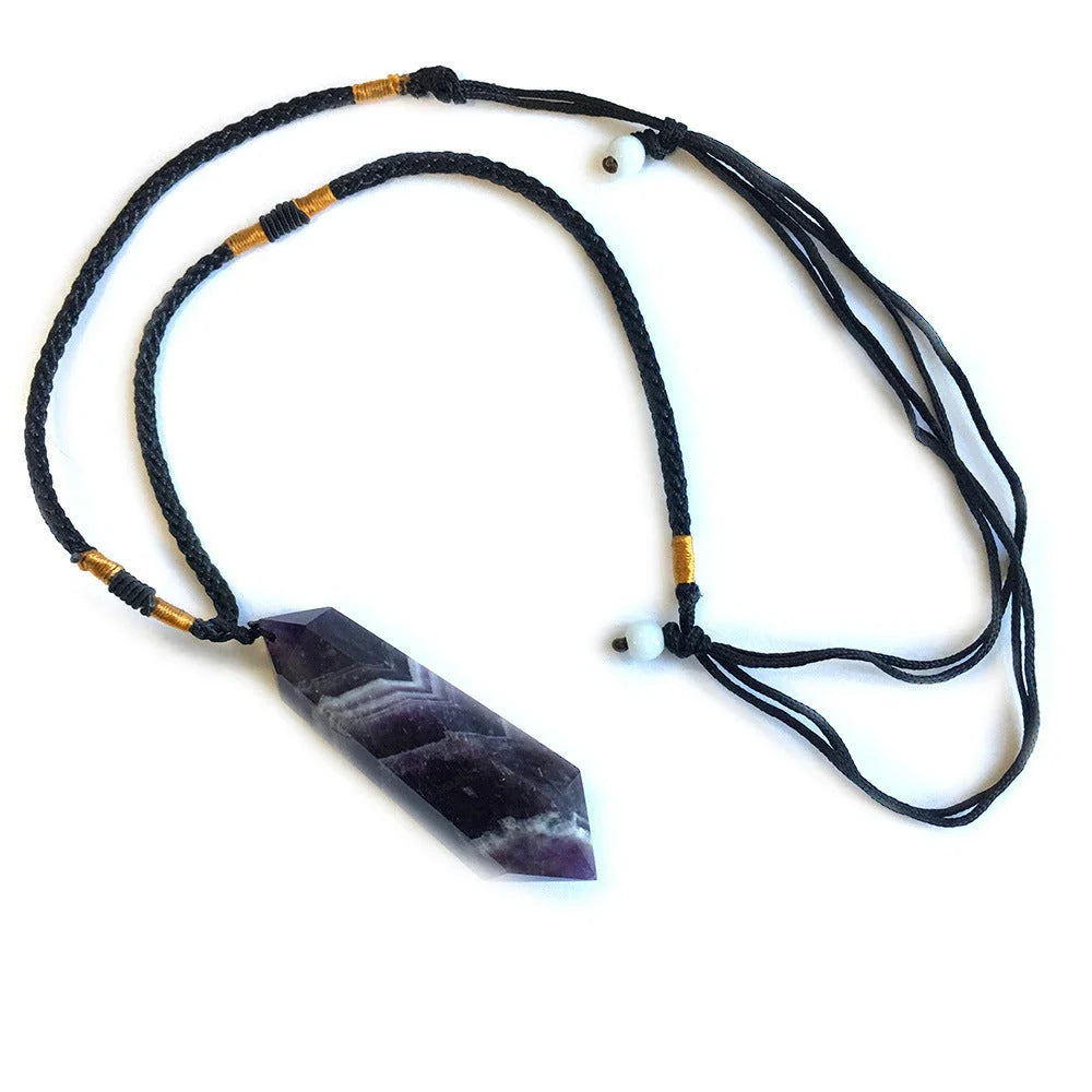 Handcrafted natural amethyst double-pointed crystal pendant with unique geometric design