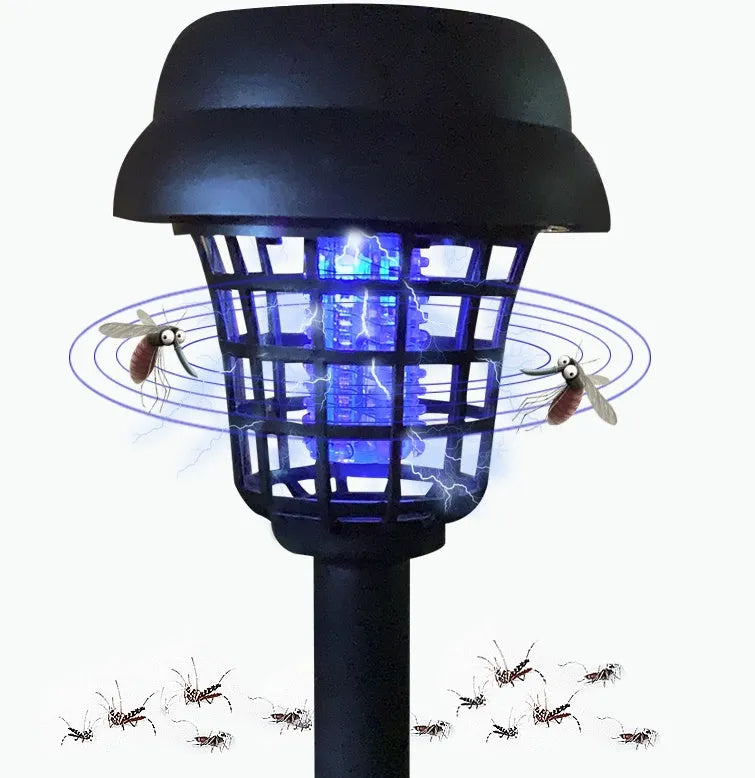 Small white and purple solar-powered mosquito killer lamp for outdoor garden and camping use.