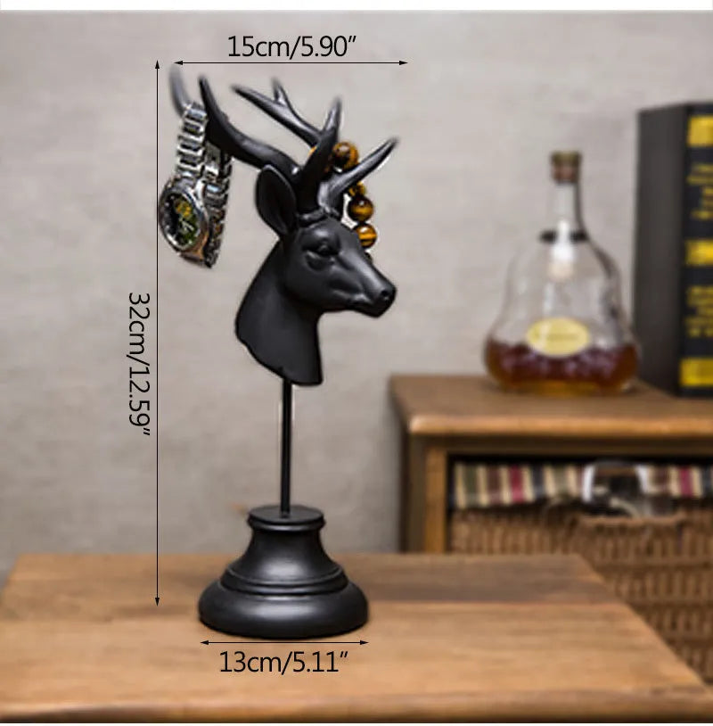 Natural resin animal sculpture home decoration in black, white, and wood colour finishes, dimensions 13cm by 15cm by 32cm.