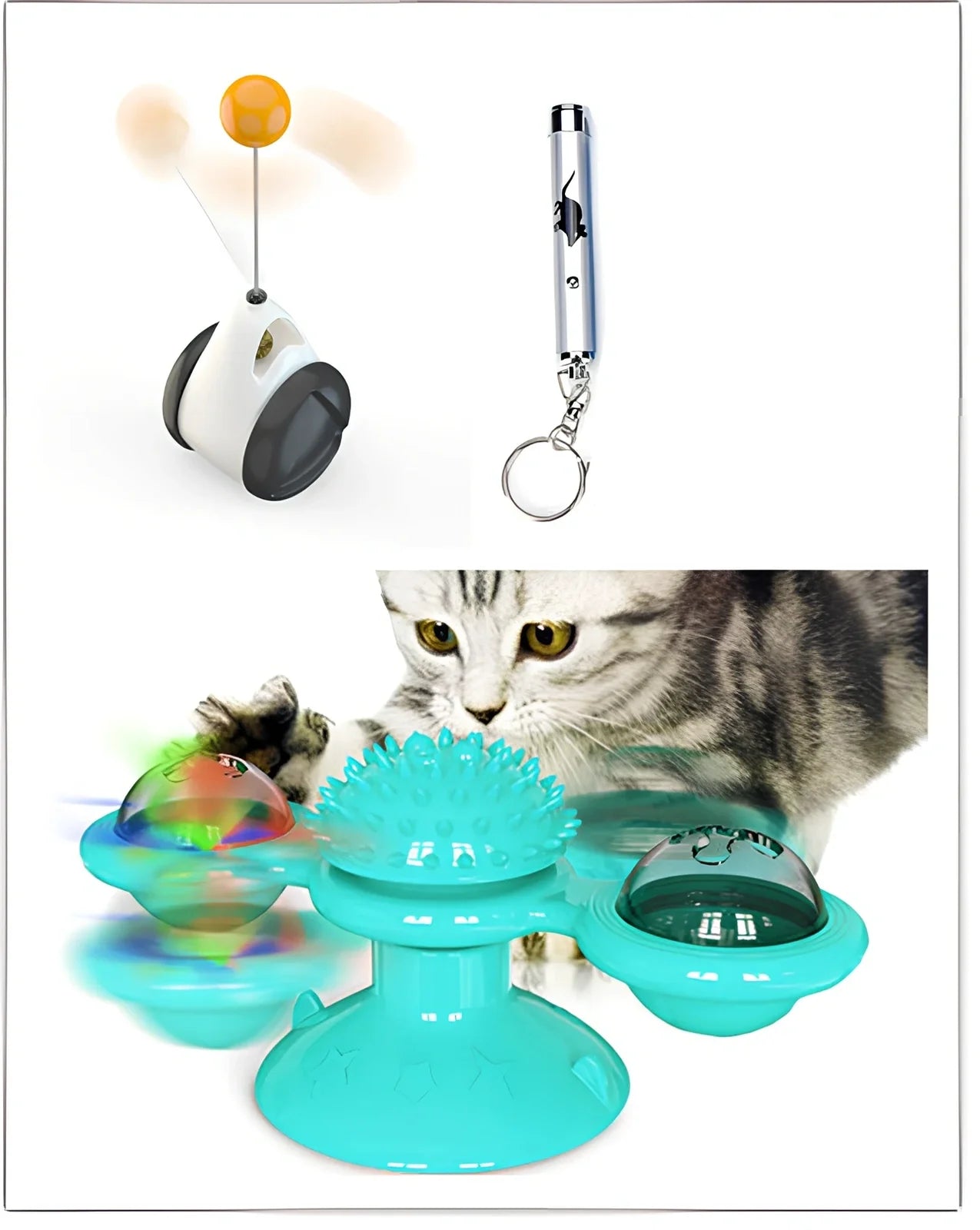 Yellow windmill cat toy with suction base, 158x74x69mm, transparent bins for balls, spinning blades and furry attachment