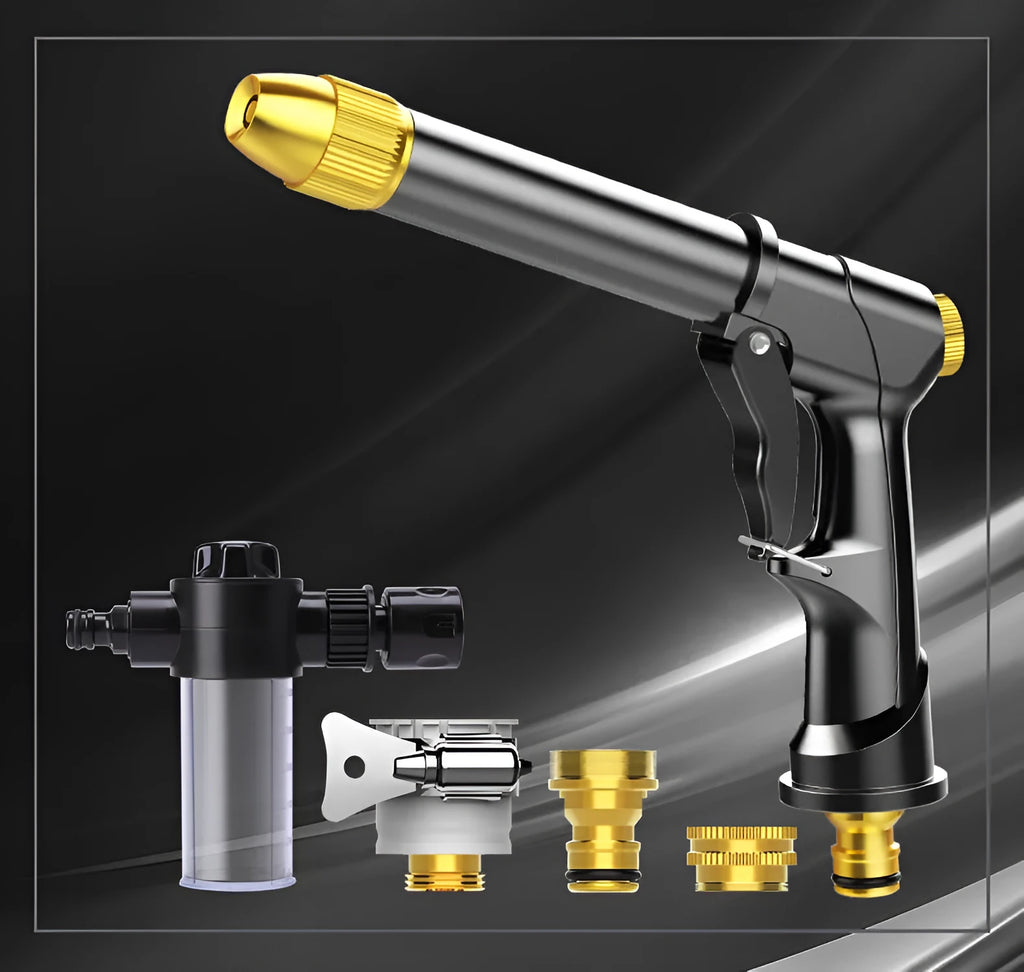 Aluminium alloy telescopic garden hose with metal spray gun, showing expanded length and foam cannon accessory.