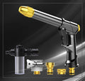 Aluminium alloy telescopic garden hose with metal spray gun, showing expanded length and foam cannon accessory.
