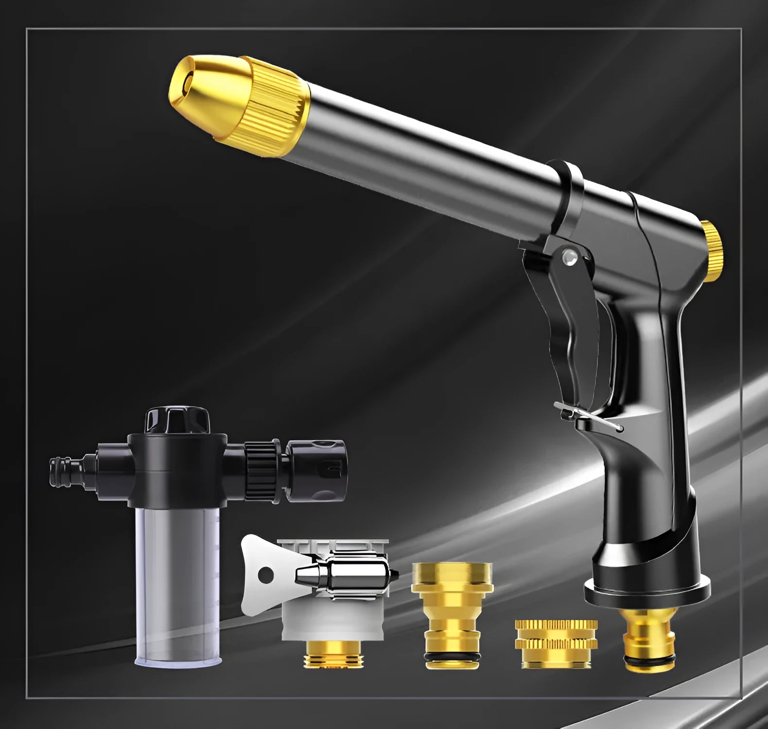 Aluminium alloy telescopic garden hose with metal spray gun, showing expanded length and foam cannon accessory.