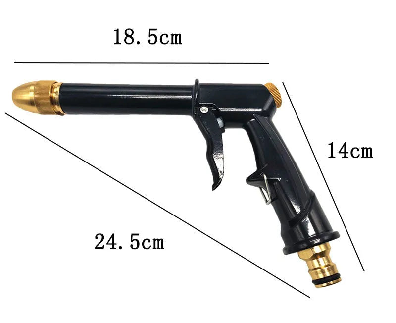 Aluminium alloy telescopic garden hose with metal spray gun, showing expanded length and foam cannon accessory.
