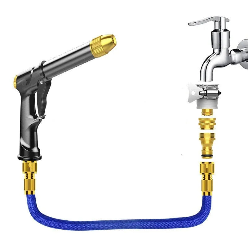 Aluminium alloy telescopic garden hose with metal spray gun, showing expanded length and foam cannon accessory.