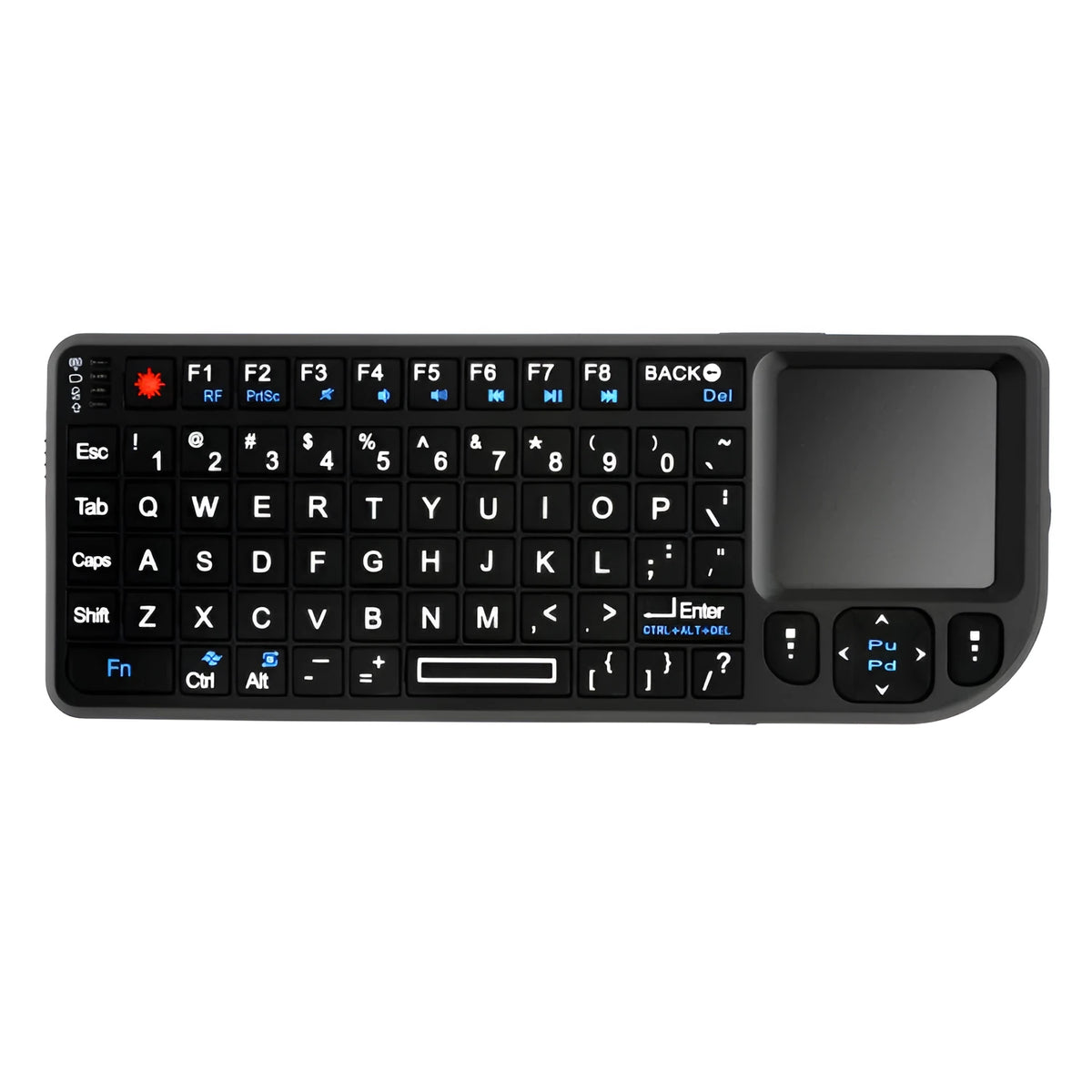 Mini Wireless Bluetooth Laser Touch Keyboard Flying Squirrel black with 7-colour backlit keys, 155x59x13mm
