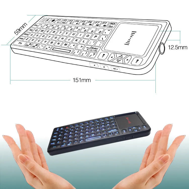 Mini Wireless Bluetooth Laser Touch Keyboard Flying Squirrel black with 7-colour backlit keys, 155x59x13mm