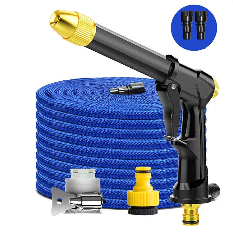 Aluminium alloy telescopic garden hose with metal spray gun, showing expanded length and foam cannon accessory.