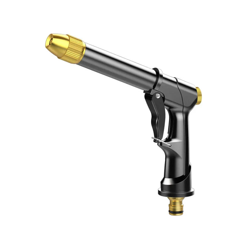 Aluminium alloy telescopic garden hose with metal spray gun, showing expanded length and foam cannon accessory.