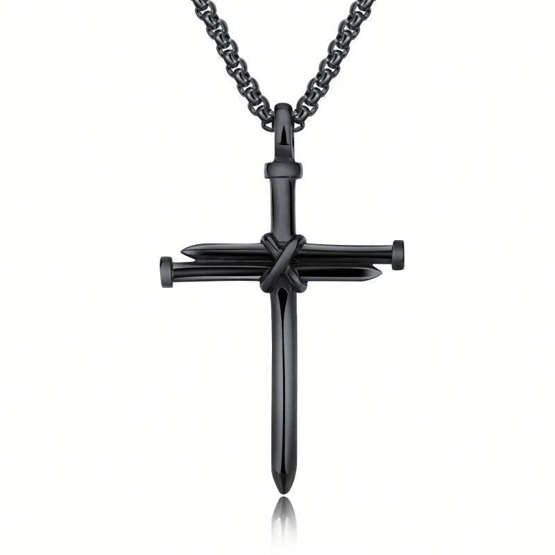 Men's stainless steel cross pendant necklace with 3mm round box chain