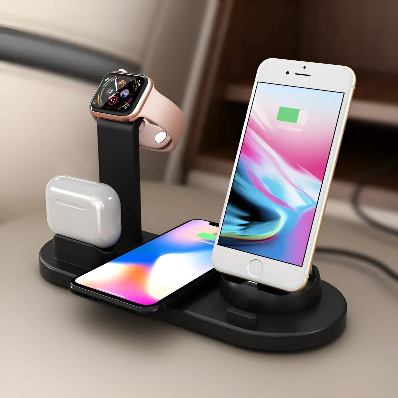 Three-in-one wireless charging bracket in black or white with USB connection for mobile phone charging