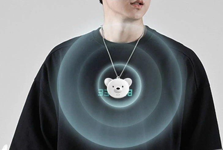 Compact, portable negative ion air purifier with necklace-style design for use in homes, offices, and vehicles