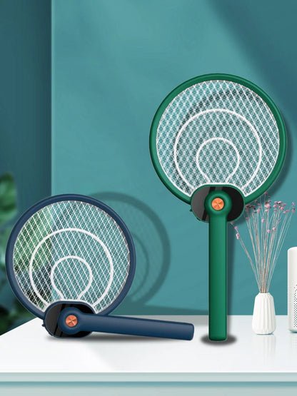 Dual-mode electric mosquito swatter in green and blue, foldable design with USB charging