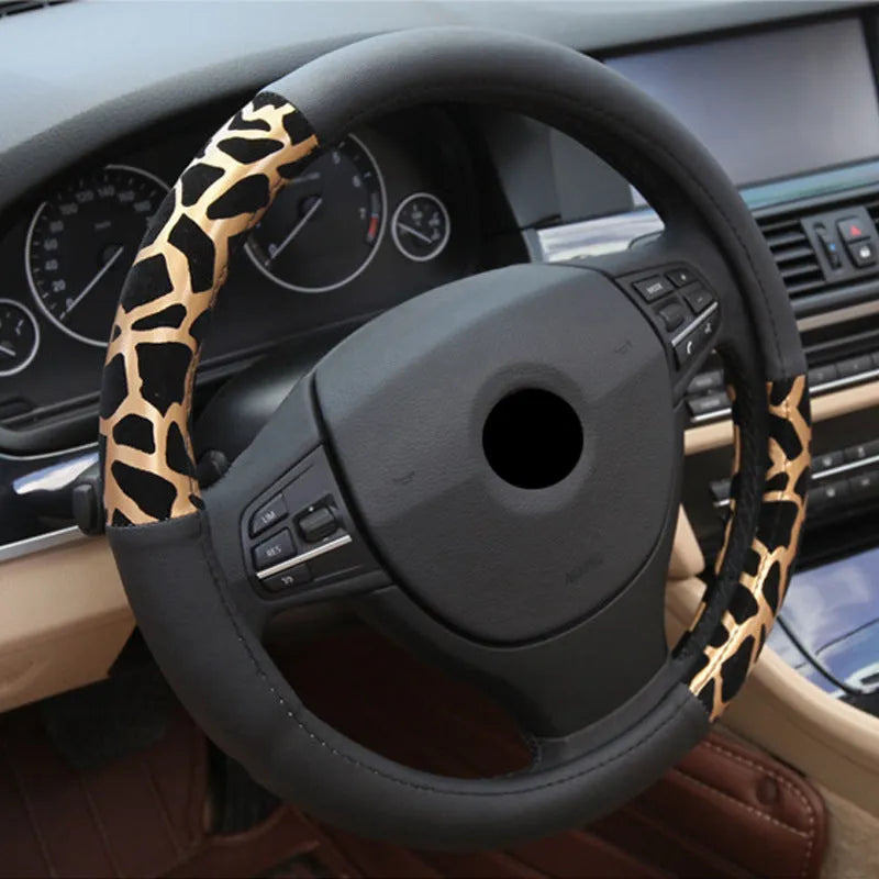 Lady cute leopard print fashion leather steering wheel cover with white inner ring for GM vehicles 38cm
