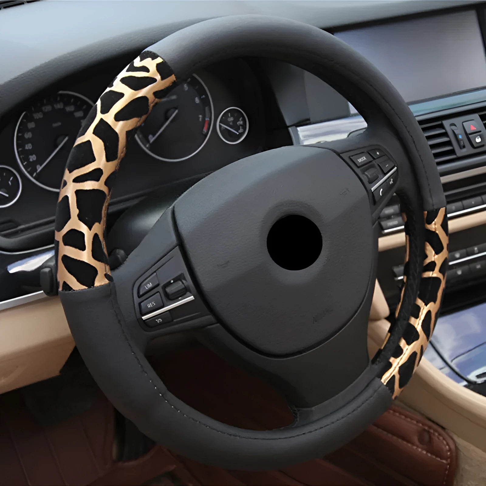 Lady cute leopard print fashion leather steering wheel cover with white inner ring for GM vehicles 38cm