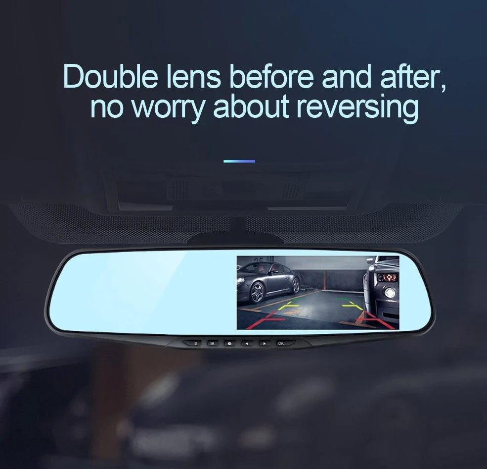 Rearview mirror integrated car dash cam with 4.3-inch display showing dual camera recording