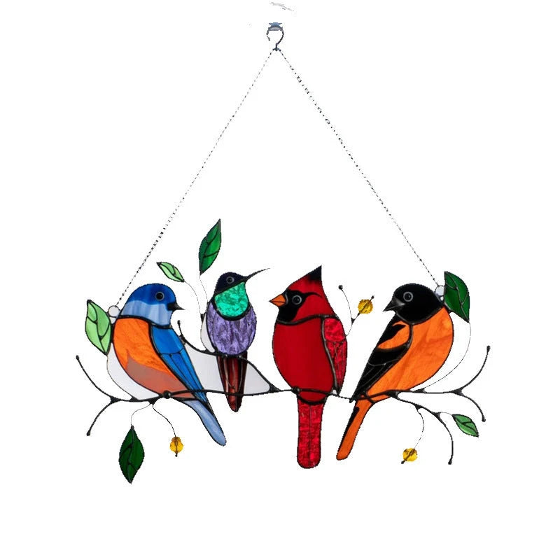 Handcrafted small bird painted window decoration with vibrant colours, perfect for home decor