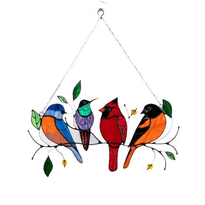 Handcrafted small bird painted window decoration with vibrant colours, perfect for home decor