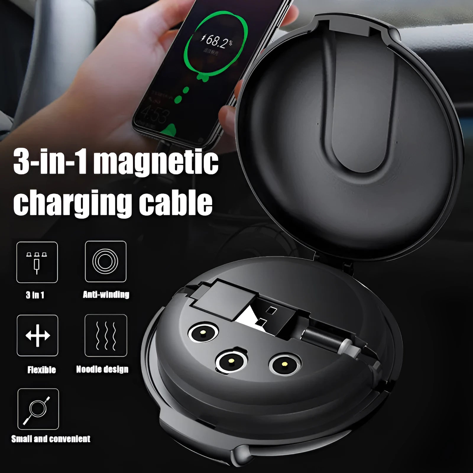 Black 3-in-1 magnetic retractable car phone charger and holder with 1 metre cable