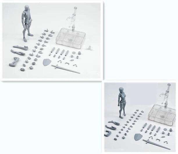 Articulated human mannequin kits for artists with interchangeable accessories