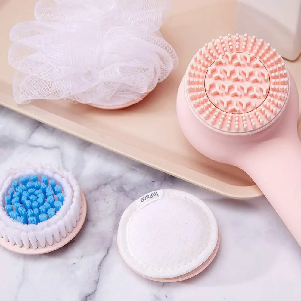 Inface electric shower brush with four rotating brush heads for back exfoliation