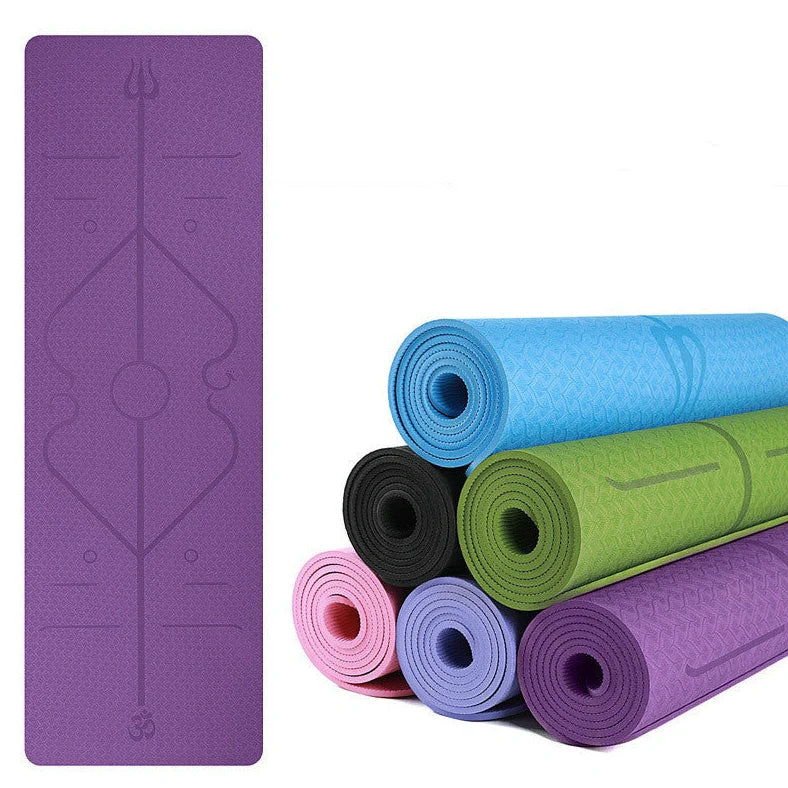 TPE yoga mat with two-tone colours and posture alignment lines showing 6mm thickness