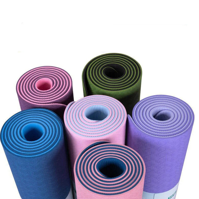 TPE yoga mat with two-tone colours and posture alignment lines showing 6mm thickness