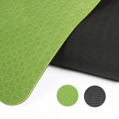 TPE yoga mat with two-tone colours and posture alignment lines showing 6mm thickness
