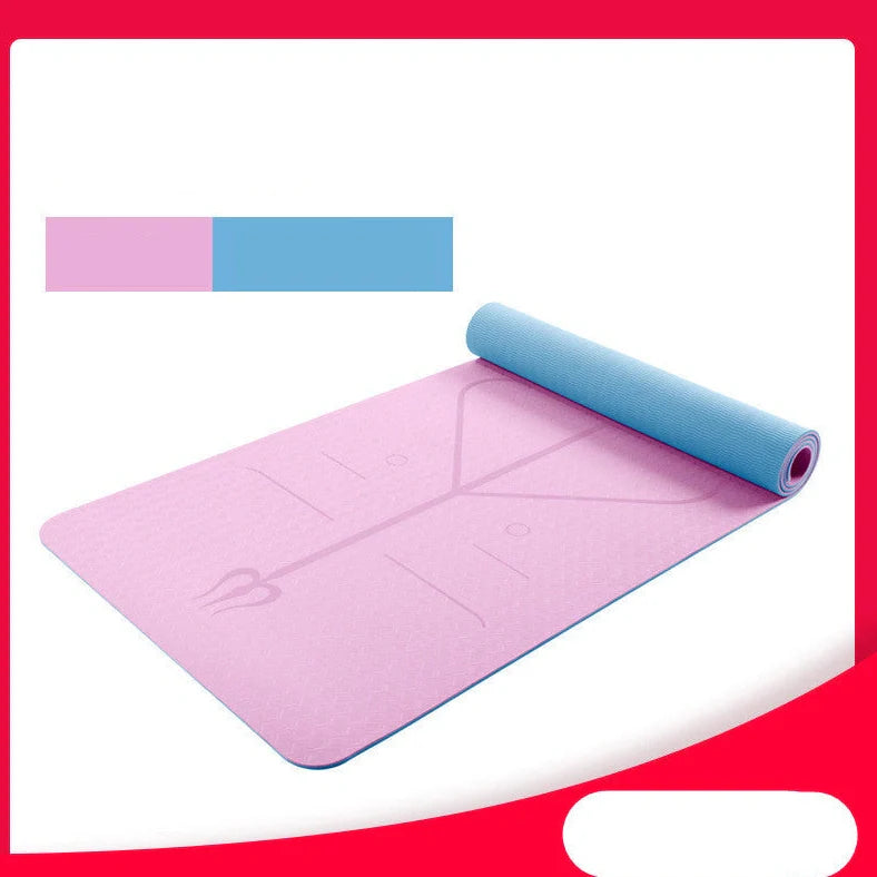 TPE yoga mat with two-tone colours and posture alignment lines showing 6mm thickness