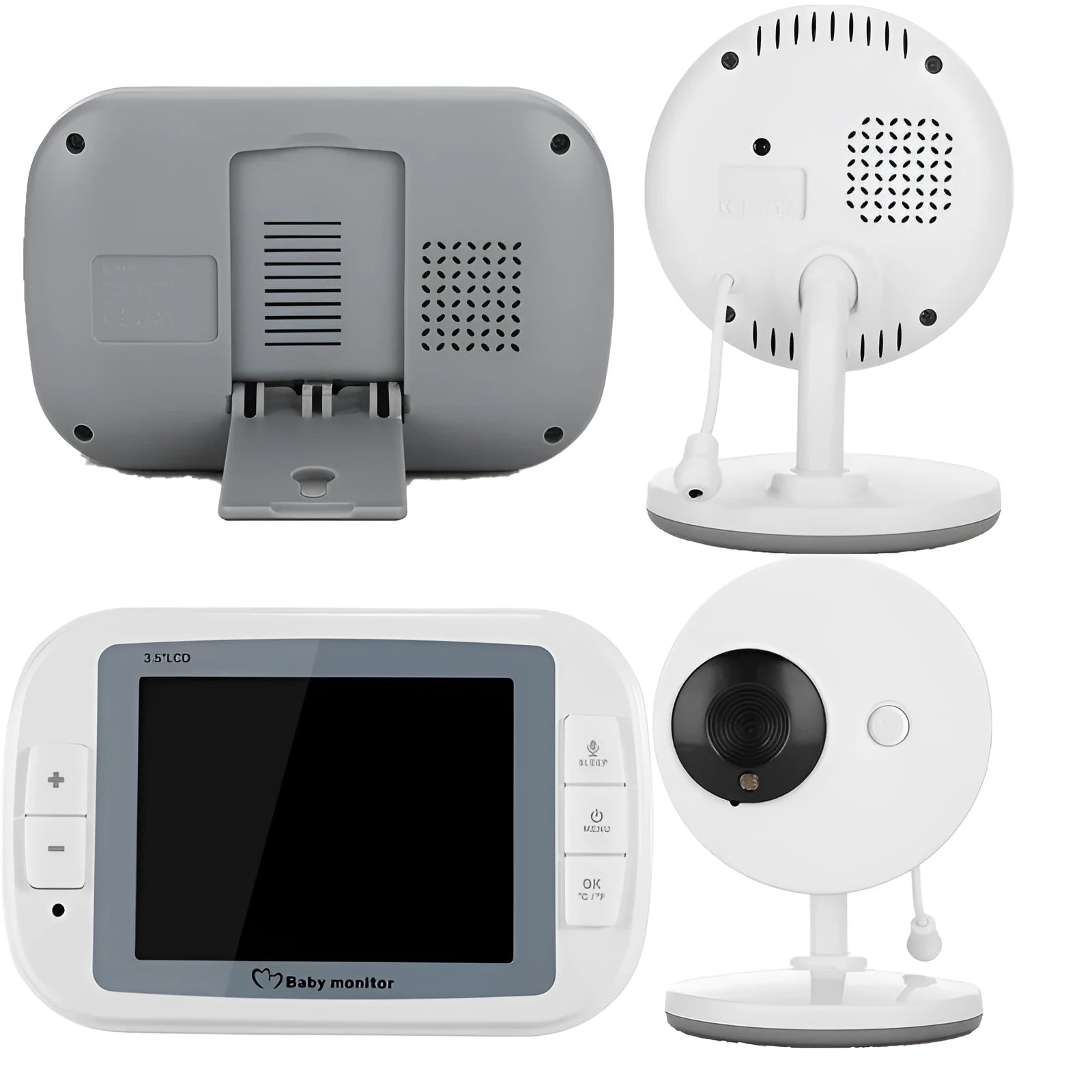 3.5 inch digital wireless baby monitor with UFO-style camera and white ABS housing