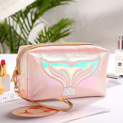 Colourful cartoon fishtail design PU makeup bag with zipper closure and soft handle showing 20L capacity