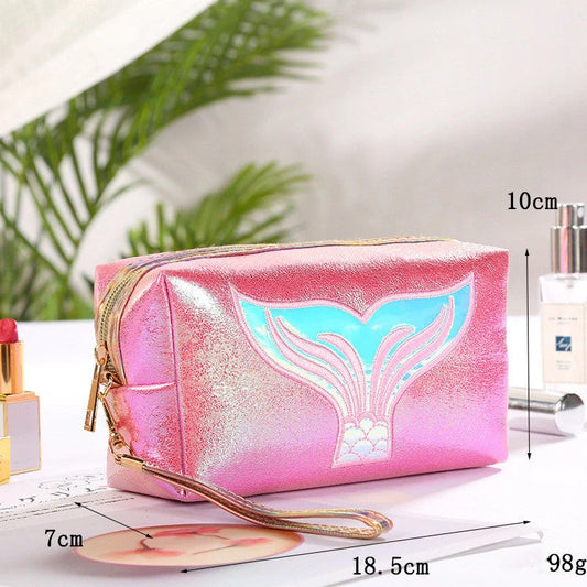 Colourful cartoon fishtail design PU makeup bag with zipper closure and soft handle showing 20L capacity