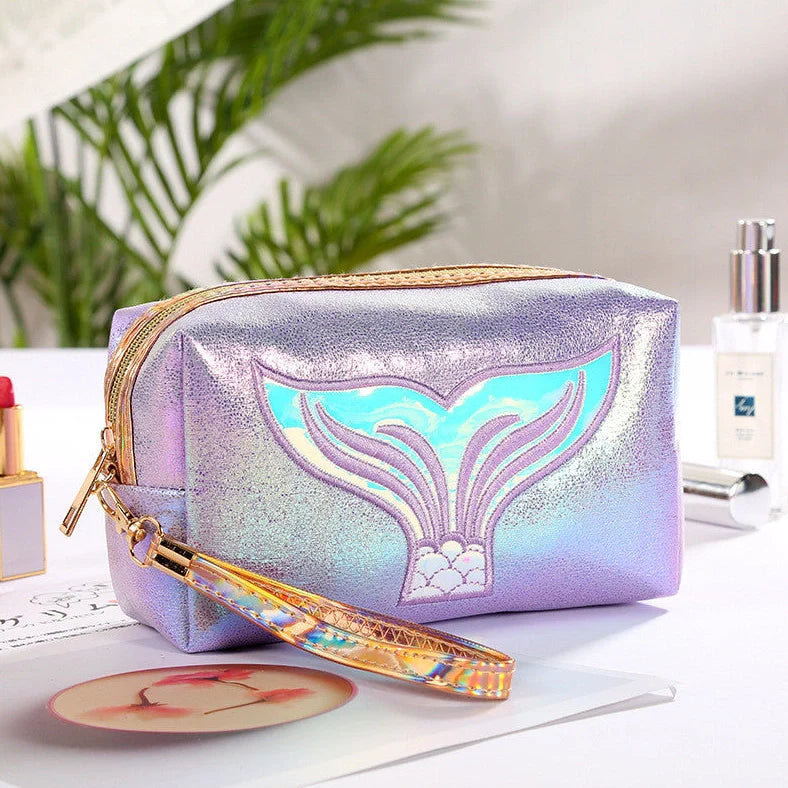 Colourful cartoon fishtail design PU makeup bag with zipper closure and soft handle showing 20L capacity