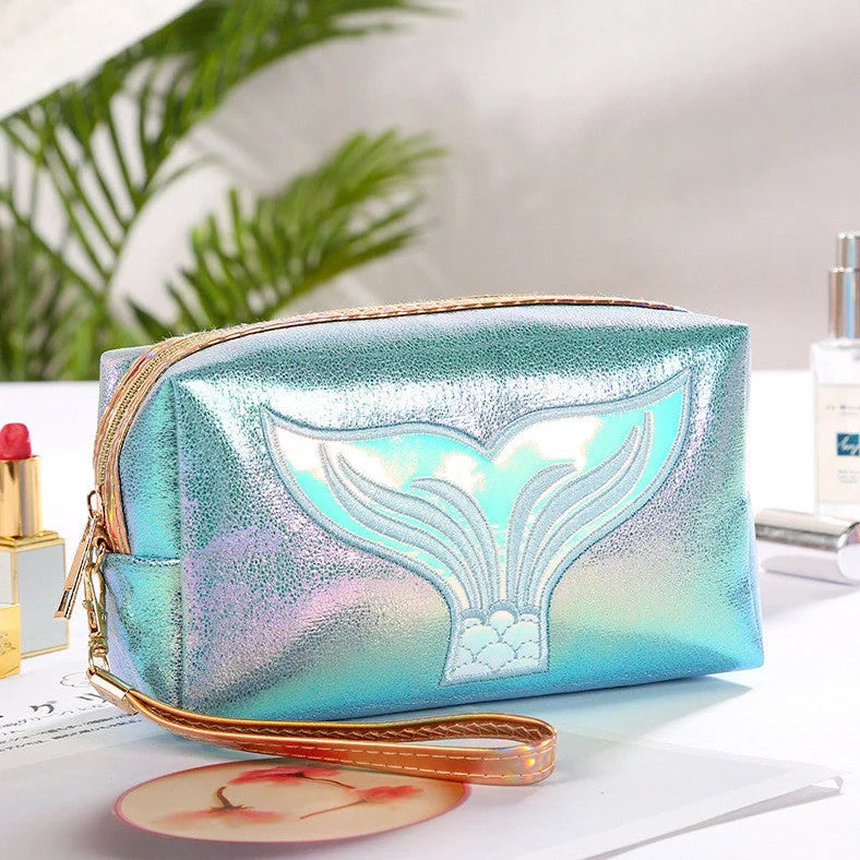 Colourful cartoon fishtail design PU makeup bag with zipper closure and soft handle showing 20L capacity