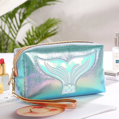 Colourful cartoon fishtail design PU makeup bag with zipper closure and soft handle showing 20L capacity