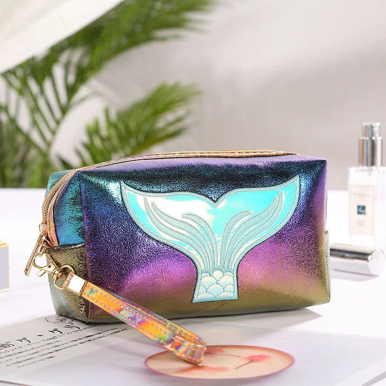 Colourful cartoon fishtail design PU makeup bag with zipper closure and soft handle showing 20L capacity