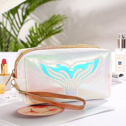 Colourful cartoon fishtail design PU makeup bag with zipper closure and soft handle showing 20L capacity