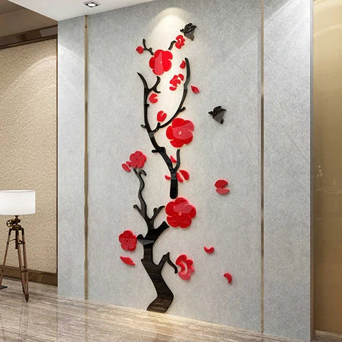 Plum Blossom Porch Decoration Wall Stickers in vibrant red and pink, three-dimensional design