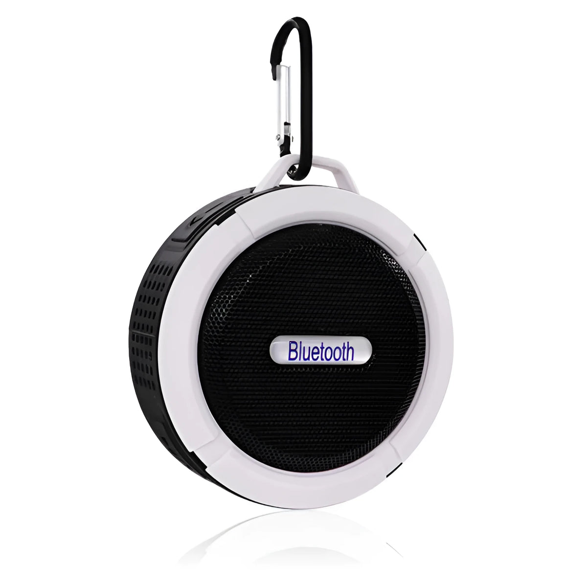 White waterproof Bluetooth speaker with suction cup attached to bathroom tile