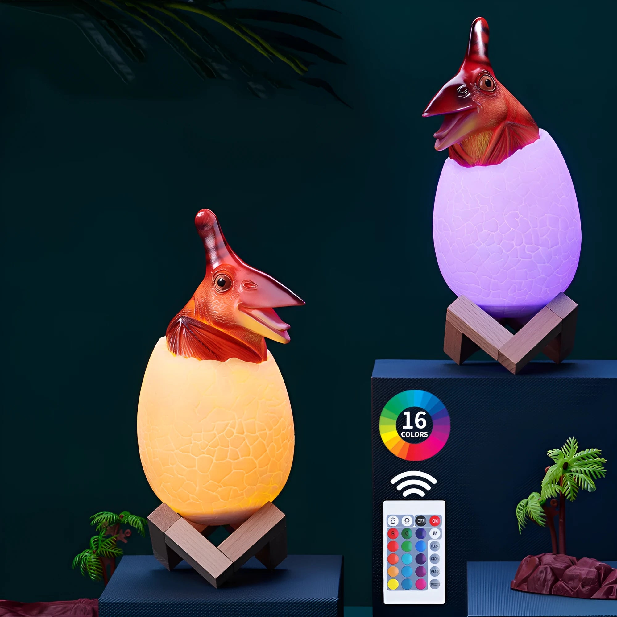 Cool white 3D printed dinosaur egg LED night light with remote control and wooden display stand.