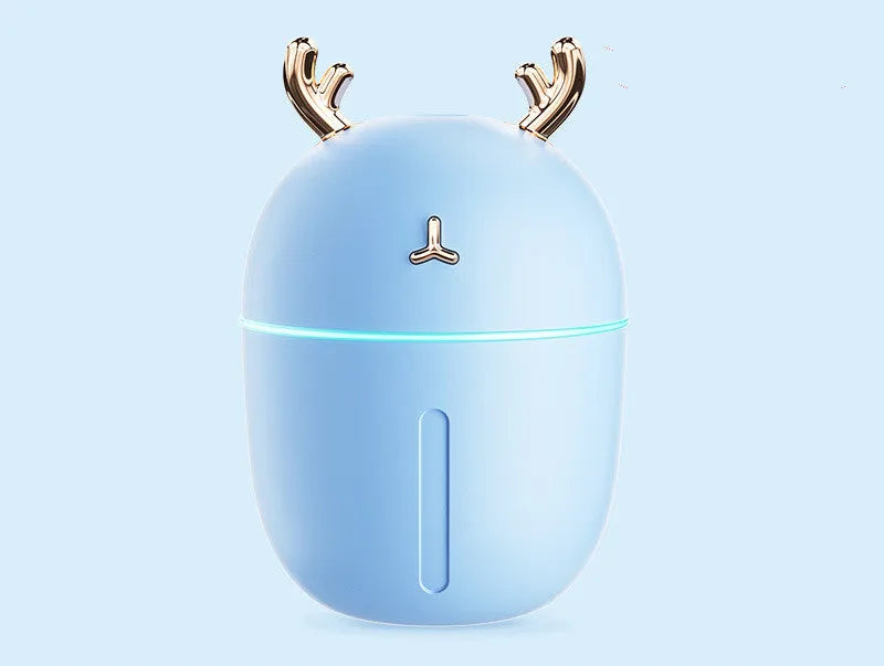 Cute pet style USB silent mini humidifier in blue with 300ml tank, compact size 84x84x127mm