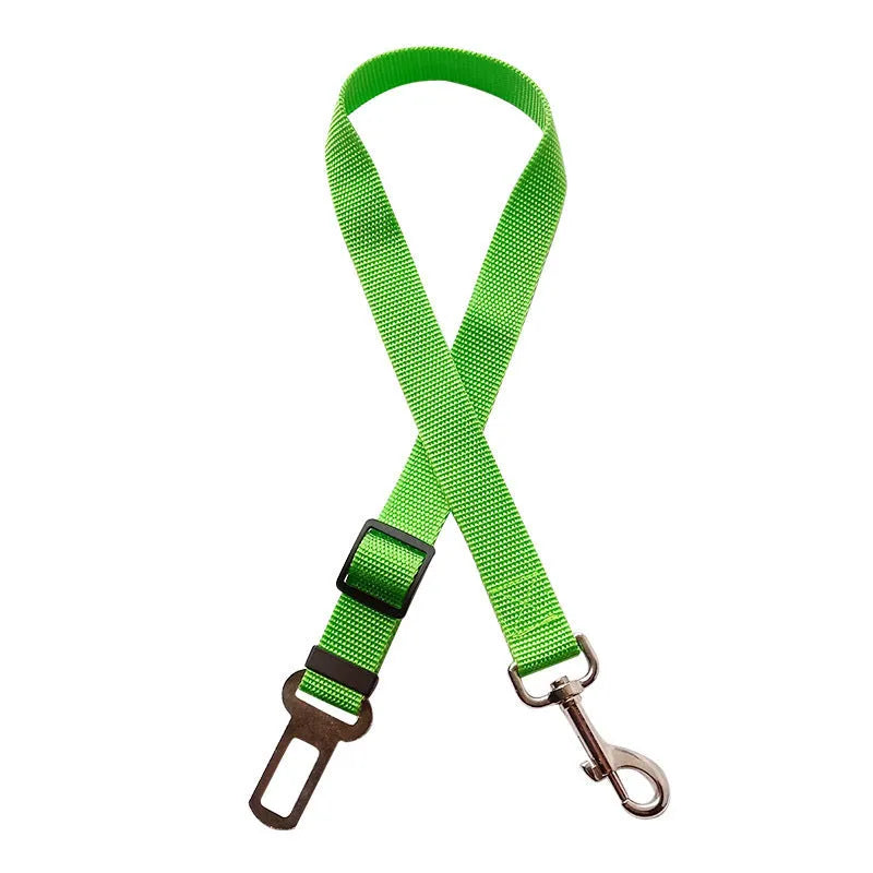 Black adjustable pet car seat belt with nylon fabric strap and zinc alloy clip on vehicle seat