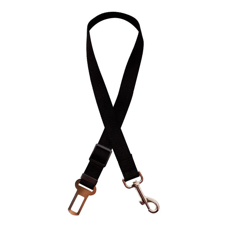 Black adjustable pet car seat belt with nylon fabric strap and zinc alloy clip on vehicle seat