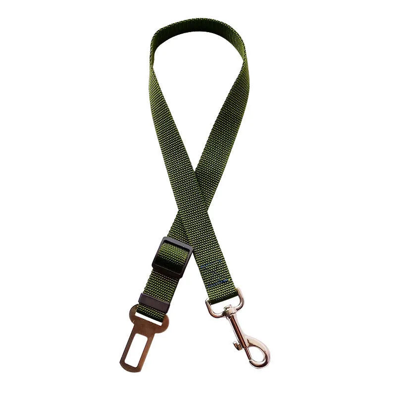 Black adjustable pet car seat belt with nylon fabric strap and zinc alloy clip on vehicle seat